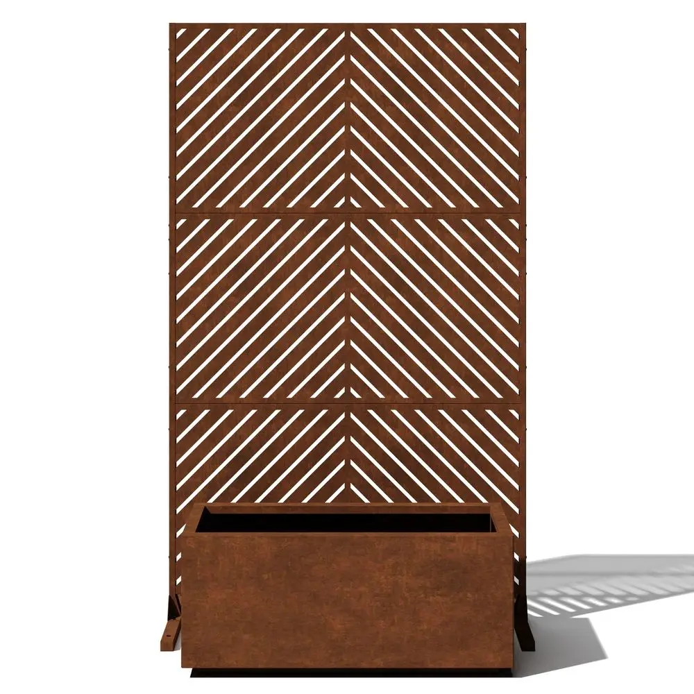 

Corten Steel Long Box Planter Arrow Privacy Screen Set Large Rectangular Outdoor Metal Planter with Modern Privacy Divider Pane