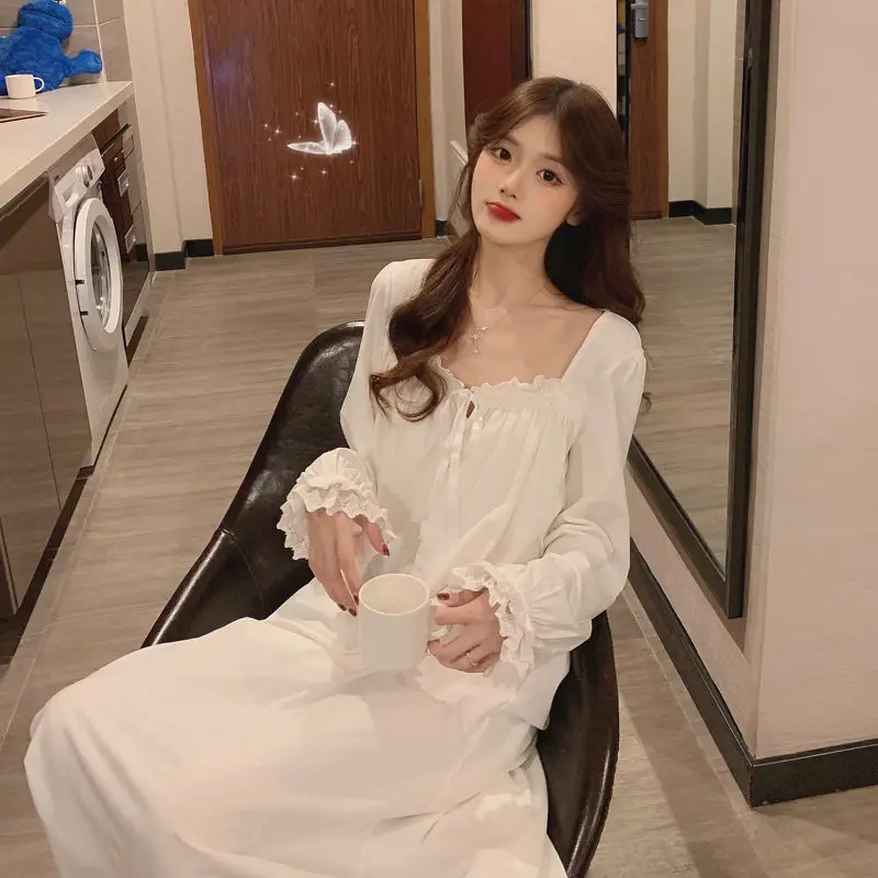 White Women Nightgowns Korean Style Sleepwear One Piece Pajamas Sweet Nightdress Cute Nightwear Long Sleeve Housewear Homedress