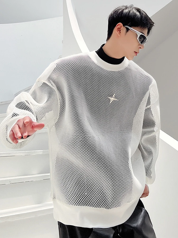 LUZHEN 2024 Autumn High Street Perspective Original Mesh Design Sweater Men\'s Fashion Metal Buckle Decorate Casual Tops LZ3027