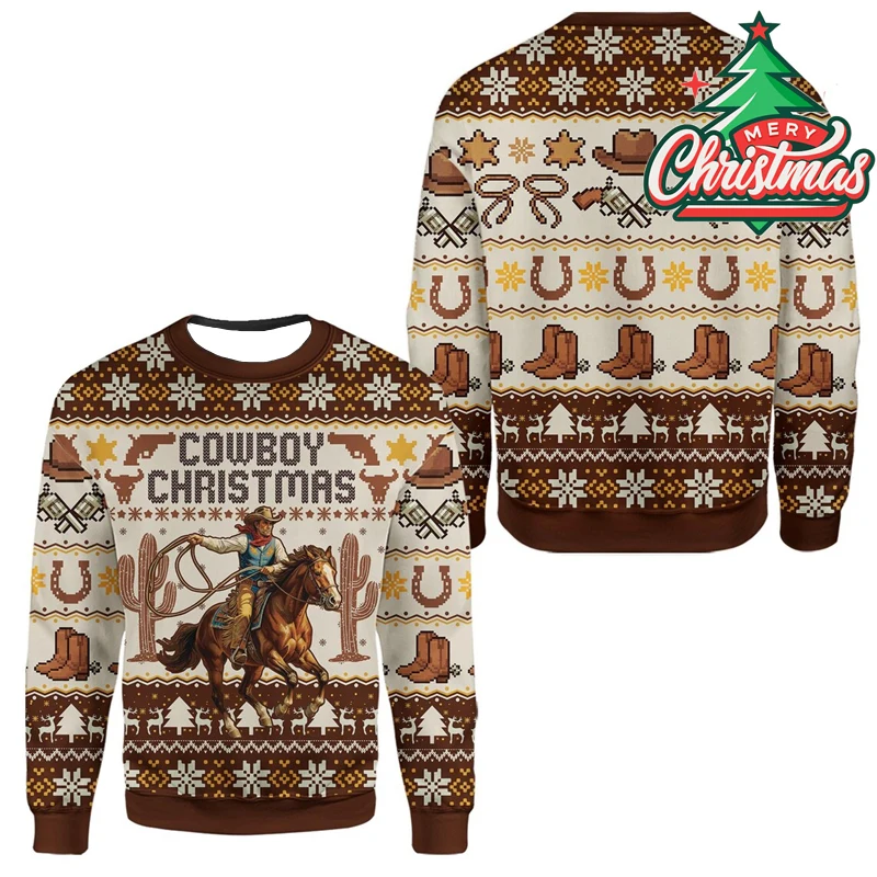 

Cowboy Christmas Ugly Sweater For Men Clothing Horse Riding Sport Casual Lover Pullover Sweatshirt Festival Gift New Xmas Top