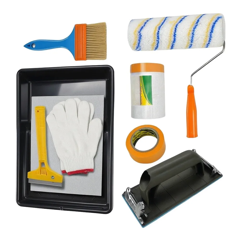 Professional 9 Piece Painting Set with Roller Brush Tray Masking Film Scraper Sandpaper Holder and Work Gloves
