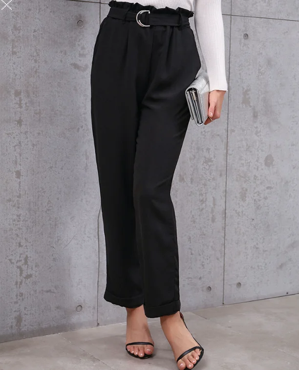 Urban Elegant Wide Leg Pants Woman Commuting Style Lace Up Micro Flared Cropped Pants Women Professional Suits Black Long Pants