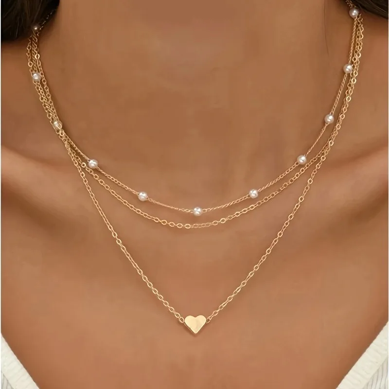 

3pcs Women's Imitation Pearl Necklace Set Gold Color Fashion Love Pendant Collarbone Neck Jewelry Party Favor Accessories