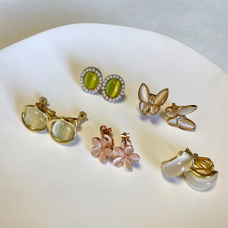 

Клипсы для ушей женские, зажим в форме геометрической фигуры, небольшие, винтажные, Овальные, зеленые, белые, Круглый Опаловый камень