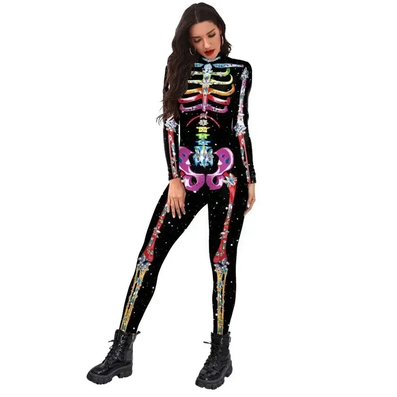 Novo esqueleto colorido macacão feminino halloween cosplay traje elastano elástico catsuit festa zentai terno carnaval adulto macacão