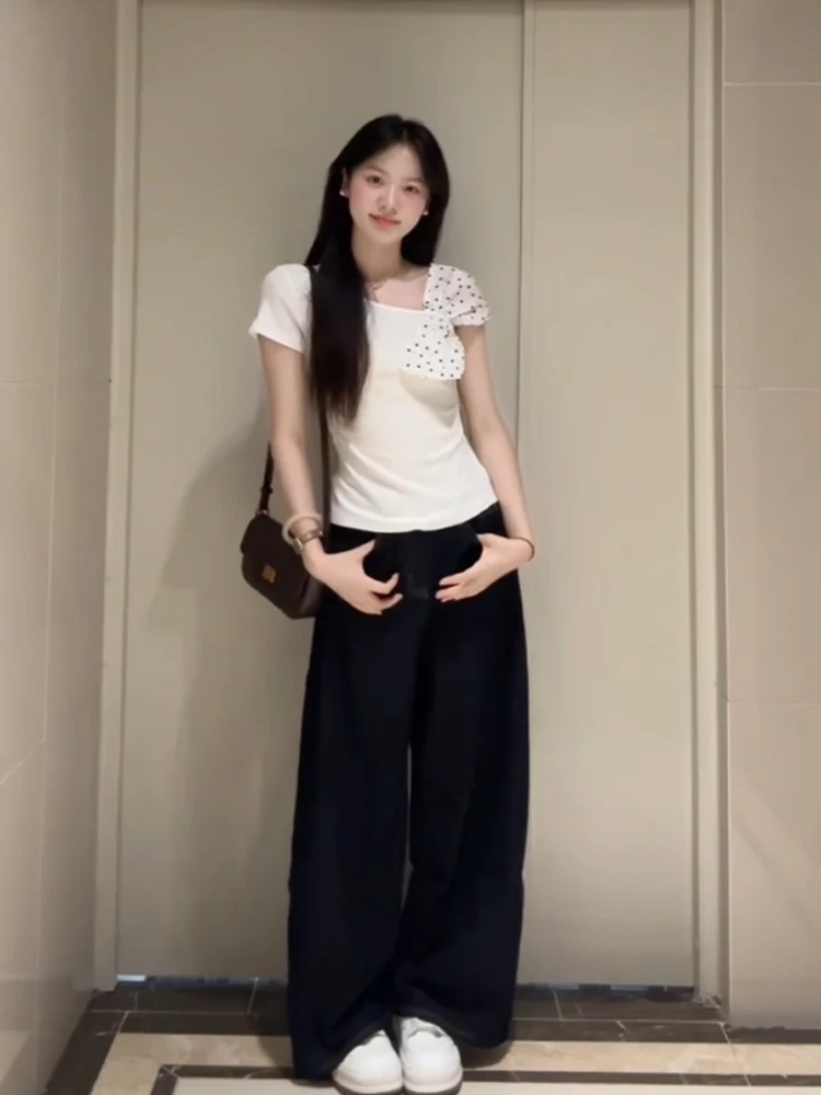 Koreanisches Sle Polka Dot Knot ort Sve Damen-T-Shirt, Sommer, schmale Passform, oulder Baring, einzigartiges kreatives Baumwoll-Top