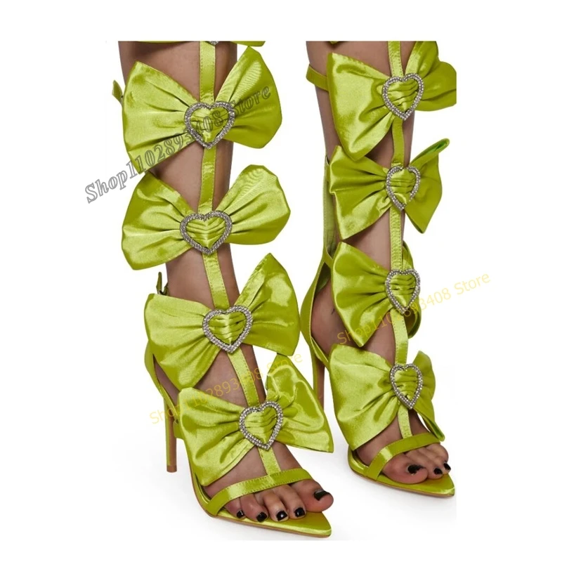 

Green Stain Butterfly Knot Crystal Sandals Boots Pointed Toe Thin High Heel Women Shoes 2023 Fashion Sexy Zapatos Para Mujere