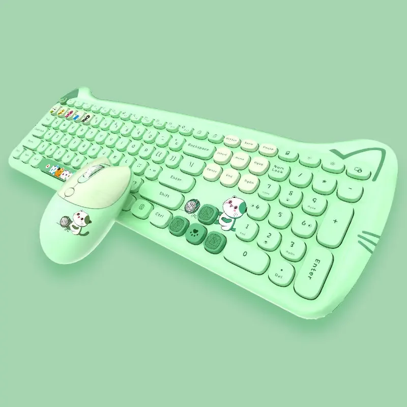 Cute Retro Cat Ears Plus Wireless Keyboard Mouse Set 2.4ghz Wireless Design Girls Cute Office Keyboard  Mouse Girls Gifts