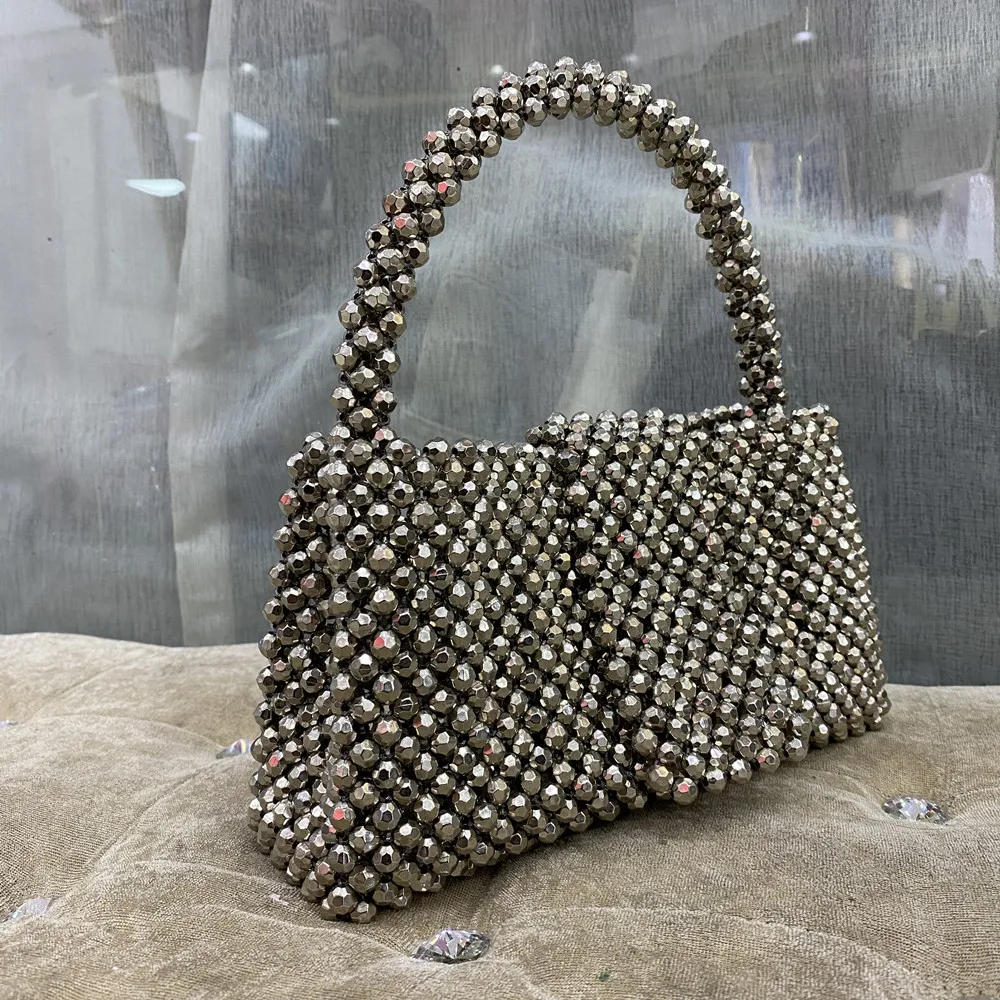 Handmade Beading Bag Lady Silver Gold Plated Shoulder Handle Portable Handbag Flap Bucket Rocky Girl Y2K Bag Clutches Acrylic