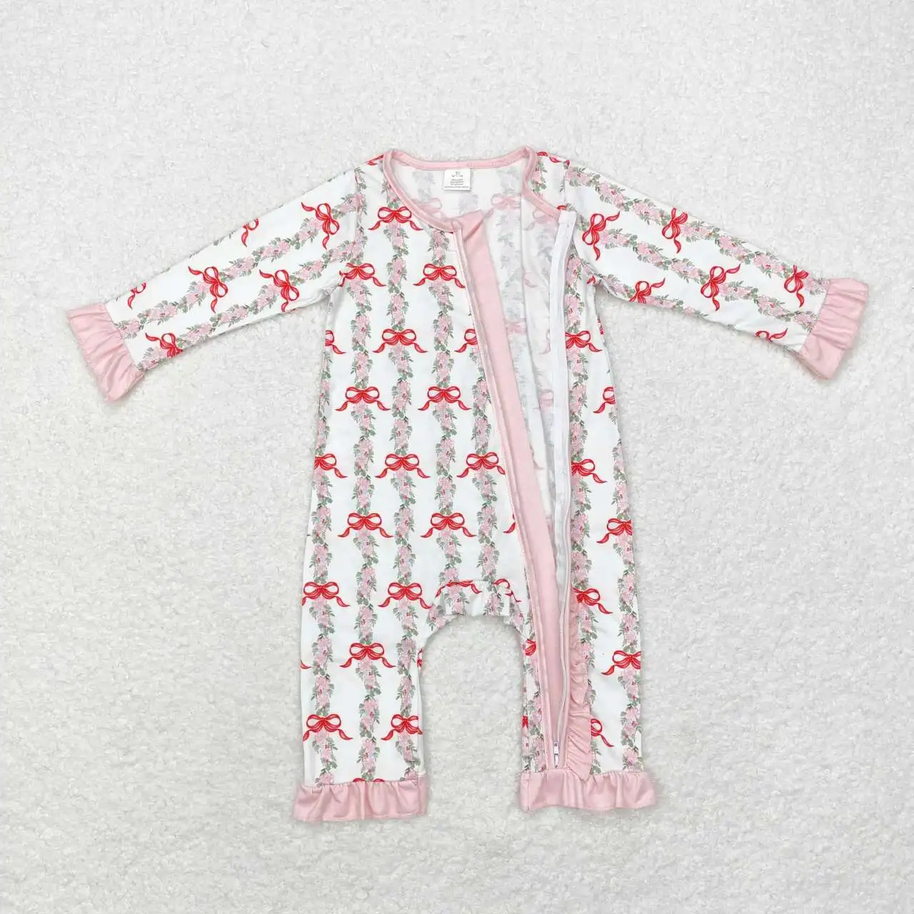 RTS Infant Boutique Wholesale Clothing Baby Girls Christmas Pink Bows Zip Bamboo Rompers Holiday Trendy Sleepers