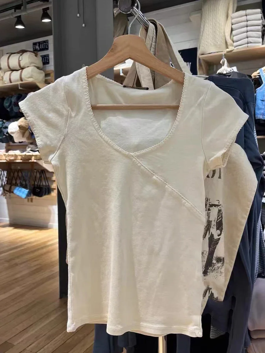 Stitching Solid Vintage Slim T-Shirt Summer V Neck Streetwear Cotton Top  Femme Sweet Cute Y2k Simple Tee Tops Woman Clothes
