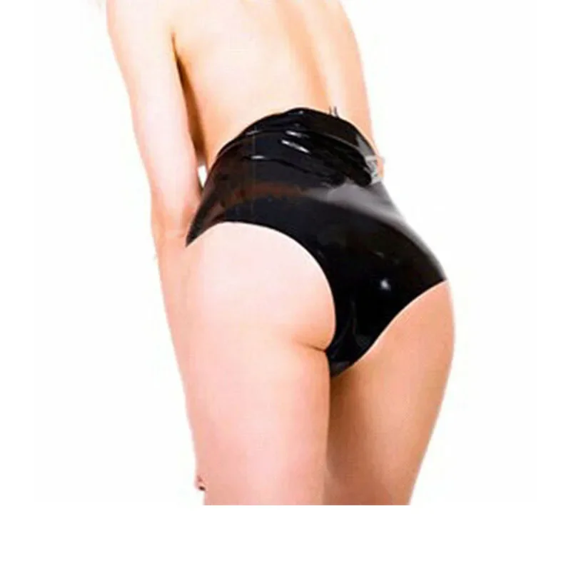 High Waist Latex Tight Shorts Boxer Rubber Black Underwear with Front Zip Size XXS-XXL