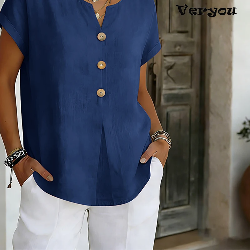 

Летние женские рубашки с V-образным вырезом, на пуговицах, с коротким рукавом, свободные блузки, однотонные повседневные летние футболки, топы для ежедневной носки, женские пуловеры