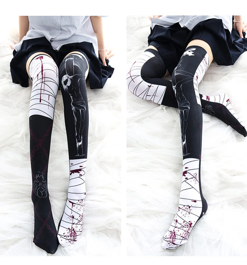 Fashion 3D Printing Lolita JK Cute Girl Over The Knee Stockings Bandage Alice Stripe Japanese Long Tube Harajuku Thigh Stockings