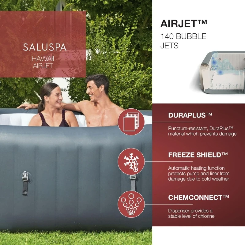 SaluSpa AirJet 4 to 6 Person Inflatable Hot Tub Square Portable Outdoor Spa with 114 Soothing AirJets and Insulated Cover, Gray