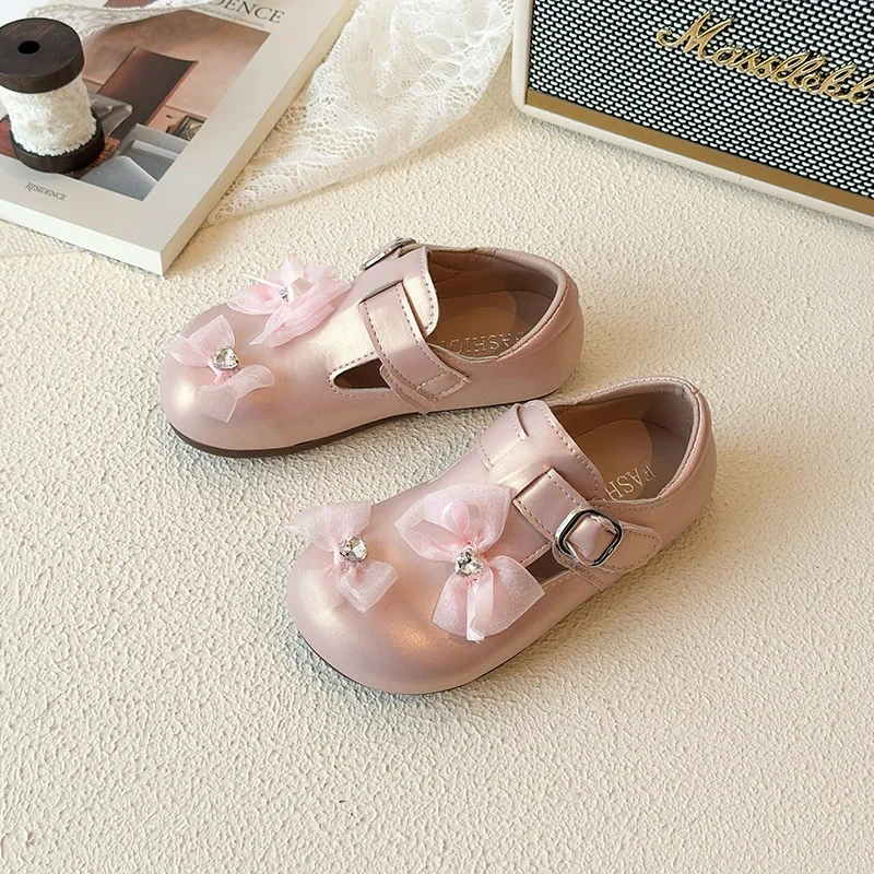 Girls Sparkly Mary Jane Princess Shoes, Mesh Bow Rhinestone Decor Adjustable Buckle Soft Flat Dress Shoes