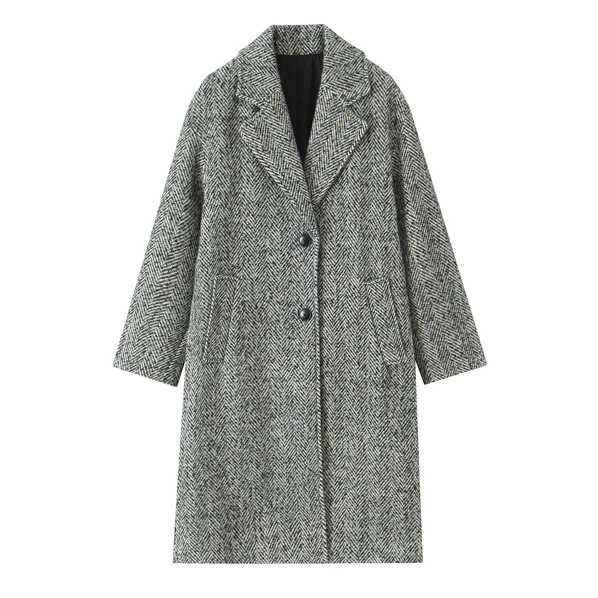 

Fall/Winter New Arrival Herringbone Coat Women's Oversized Drop-Shoulder Lapel Coat Long Sleeve Button Pockets