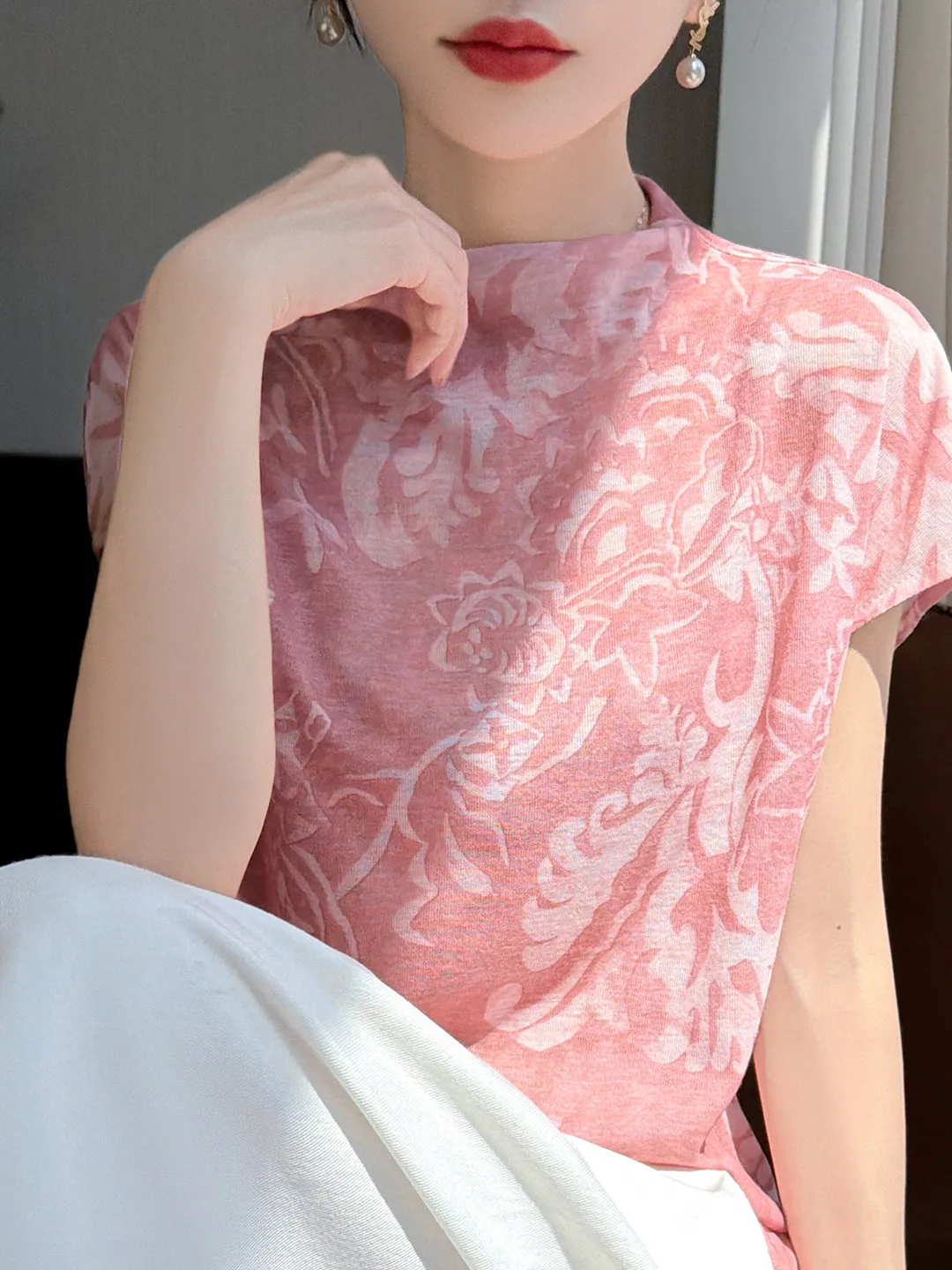

Fashionable Chinese Style T-Shirt Lace Knitted Short Sleeve Half High Collar Embroidered Loose plus Size Trendy Top for Women