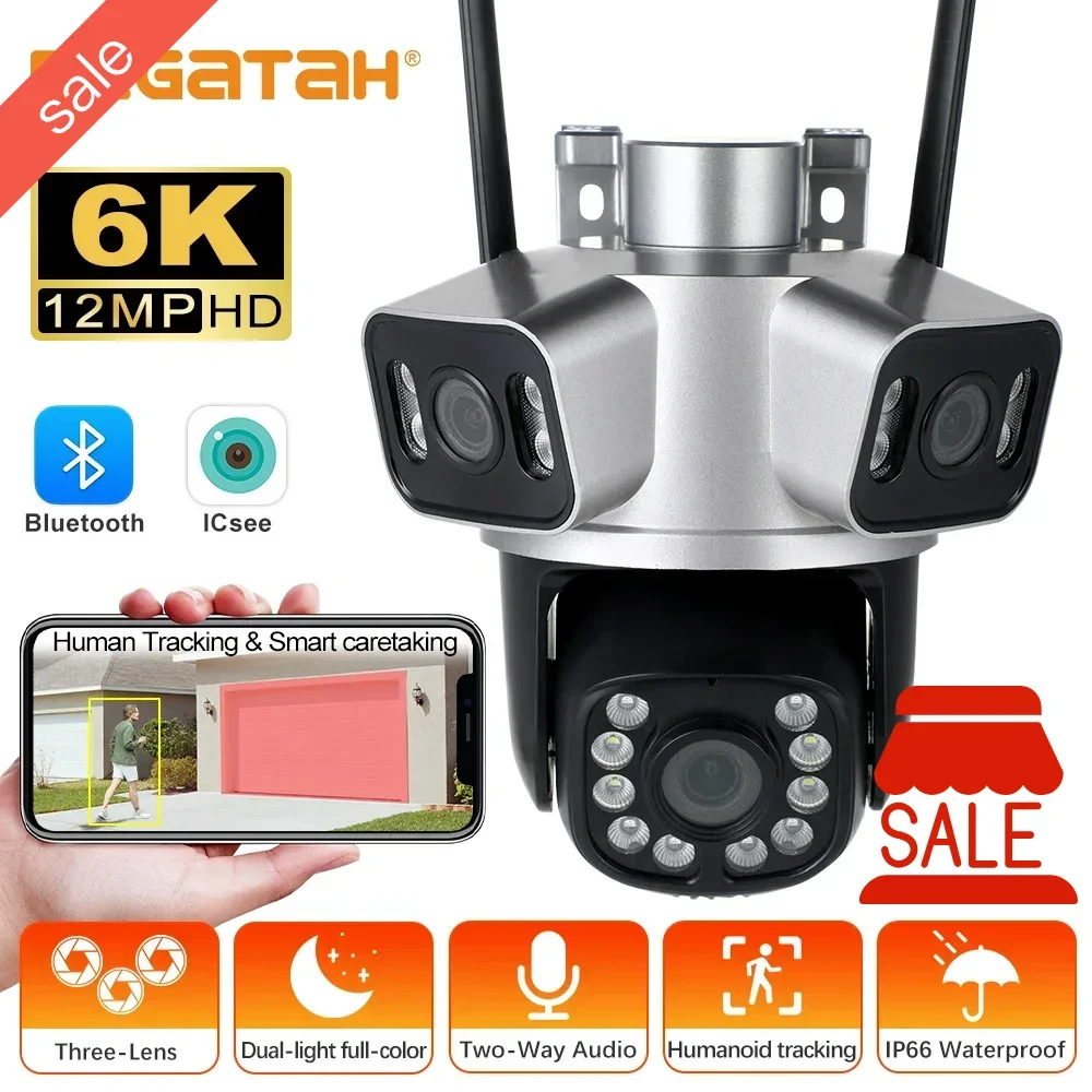 

PEGATAH 6K 12MP WiFi Outdoor Camera 8X Zoom Three Lens Ai Motion Tracking PTZ Video Camera Full Color Surveillance Camera ICSEE