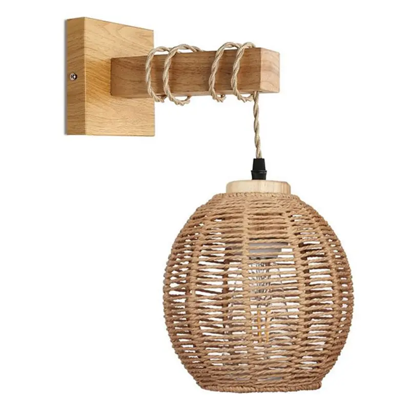 

WORTHOWN-2X Retro Wall Light Woven Rattan Wood Sconces Living Room Bedside Lamp Vintage Bedroom Decoration Lighting-B