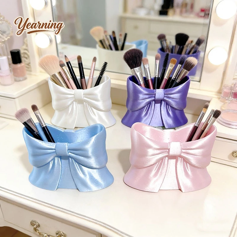 

Sweet Silk Flat Bow Luxury Makeup Brush Holder Aesthetic Desktop Pen Cute Organizer Vanity Storage Box Girls Home Decor Gift