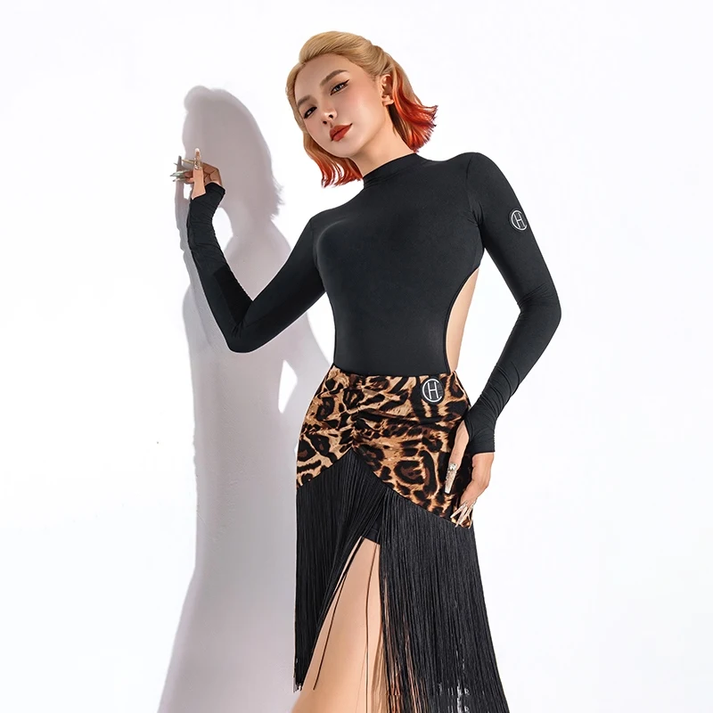 

Платье для латинских танцев, женский топ без спинки, юбка с леопардовым принтом и кисточками, женская одежда для танцев самба, тренировочные костюмы для женщин, DN21767