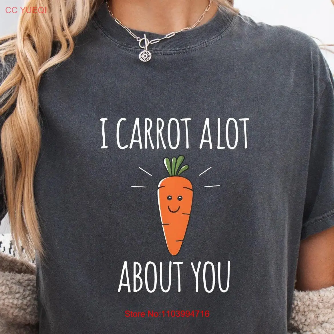 Camiseta vegana del Día de San Valentín con texto en inglés "I Carrot Mucho About You", trocadildo divertido para mujer, Punny Joke, manga larga o corta