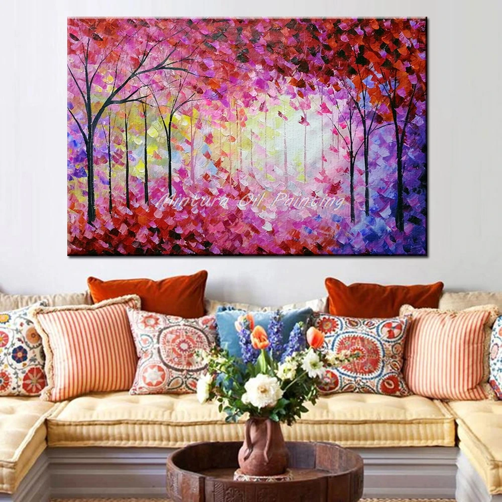 Mintura Handpainted Oil Paintings on Canvas,A Forest of Red Maple Leaves Wall Picture for Living Room,Home Decoration  No Framed