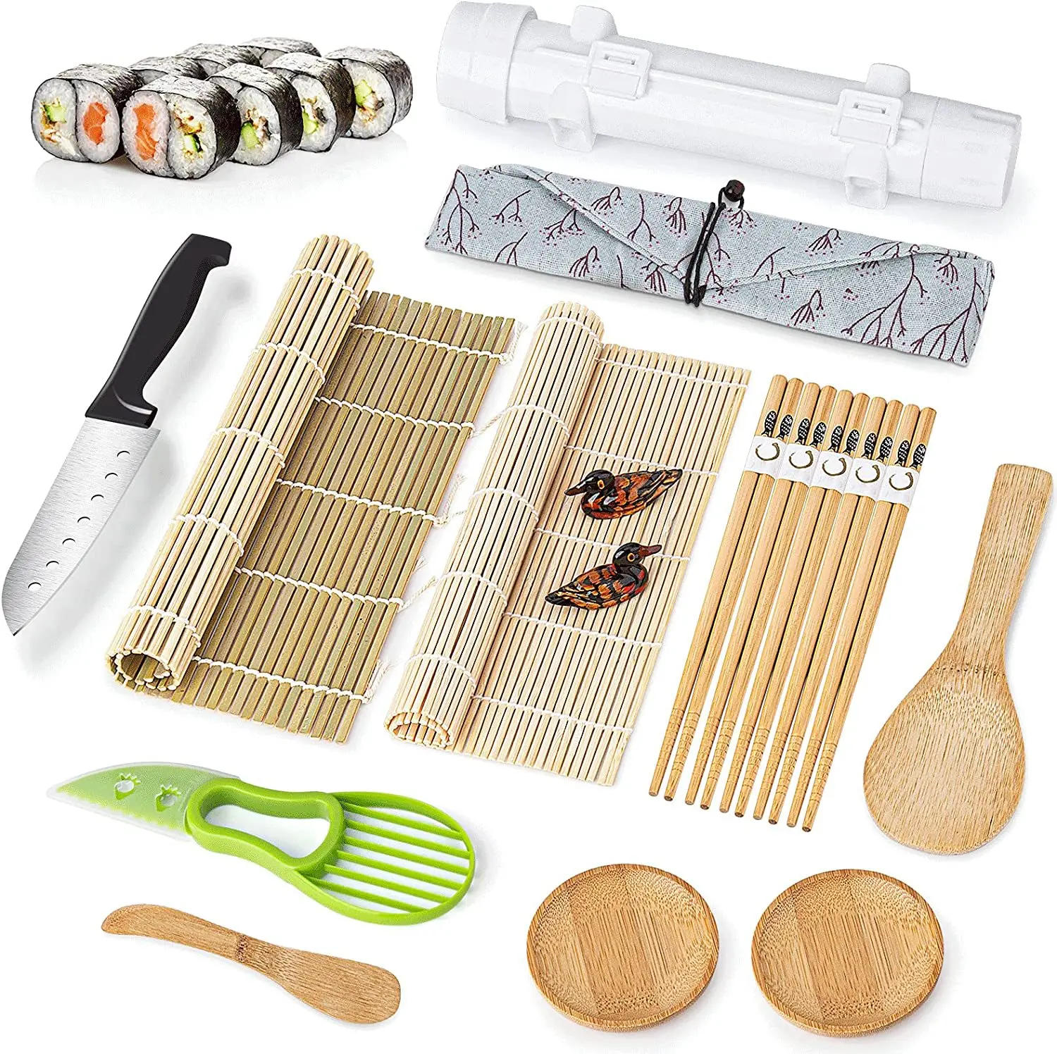 Sushi Making Set With Various Styles Of Bamboo Sushi Mats, Bazooka Chopsticks, Sushi Molds, Bamboo Wooden Spoons, Kitchen Tools