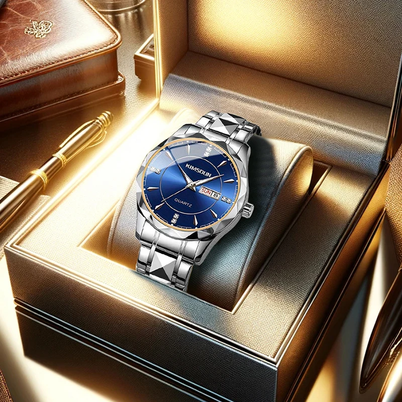 

Мужские серебристо-синие повседневные кварцевые часы со стальным ремешком и дневным дисплеем.