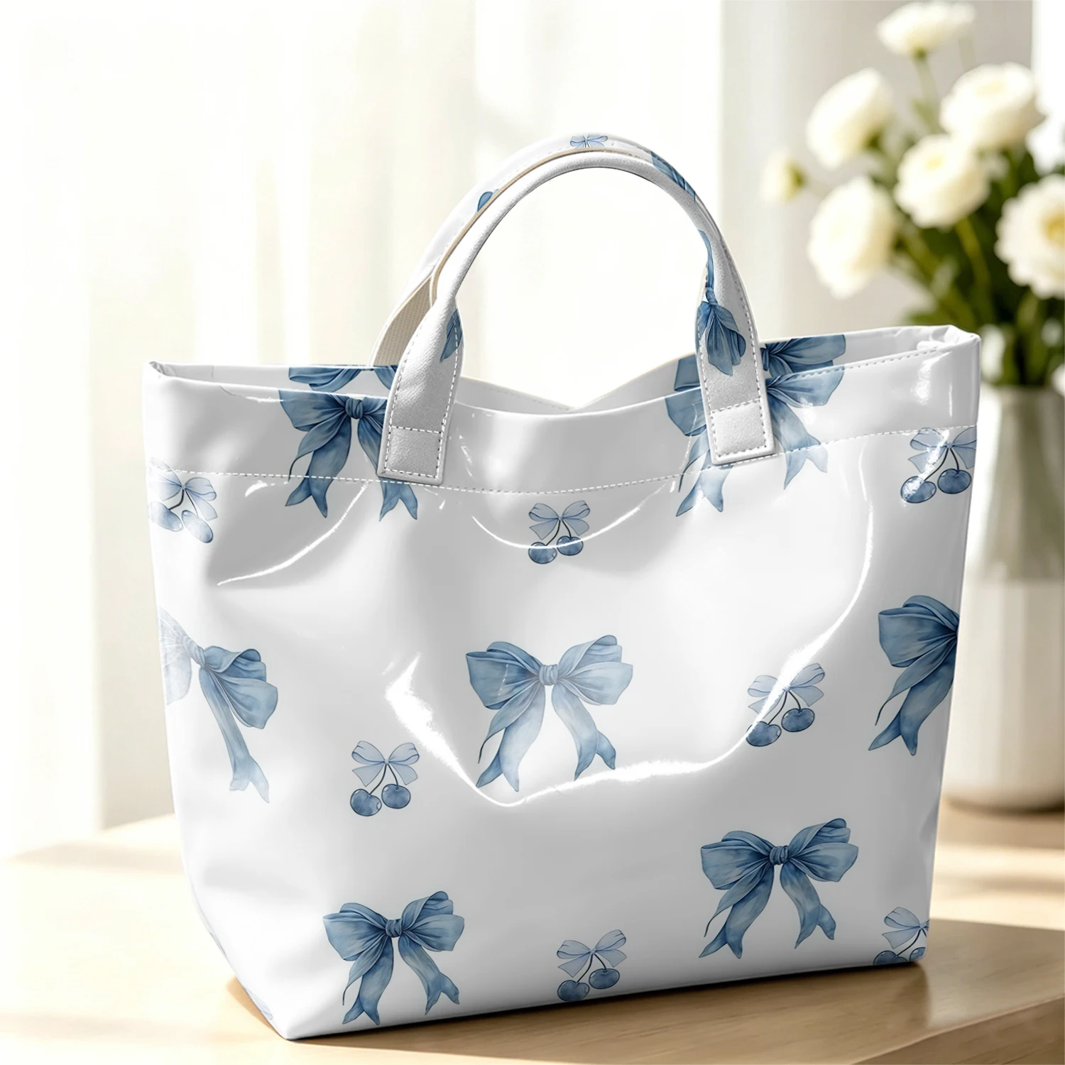 Blue Cherry Bow Fashion Large Glossy PVC Tote Bag Hand Washable Waterproof Perfect Travel Commute Cosmetic Storage Shopper