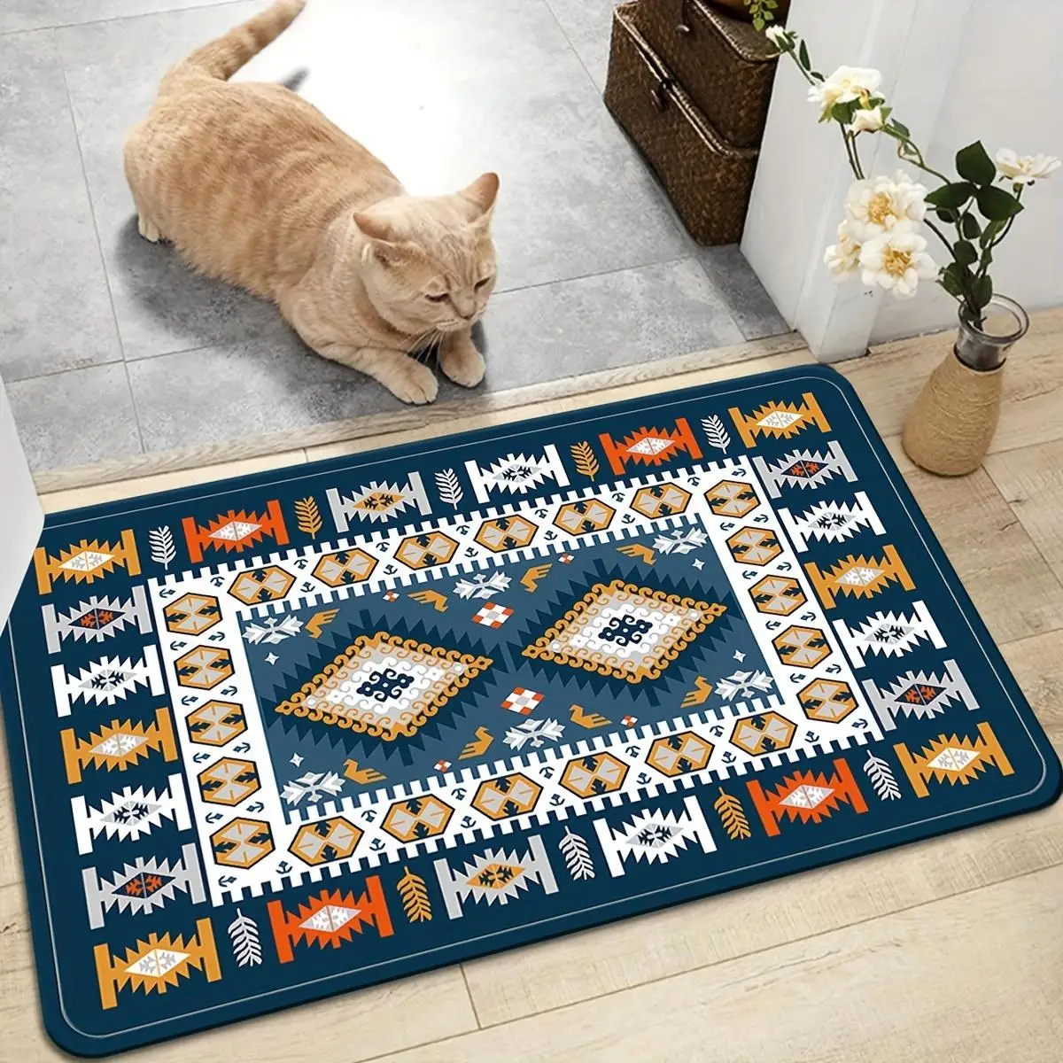Navy Blue Mediterranean Kitchen Rug, Non-Slip Cushioned Comfort Mat, Heavy Duty Standing Floor Rug for Sink Laundry Room, 1PC