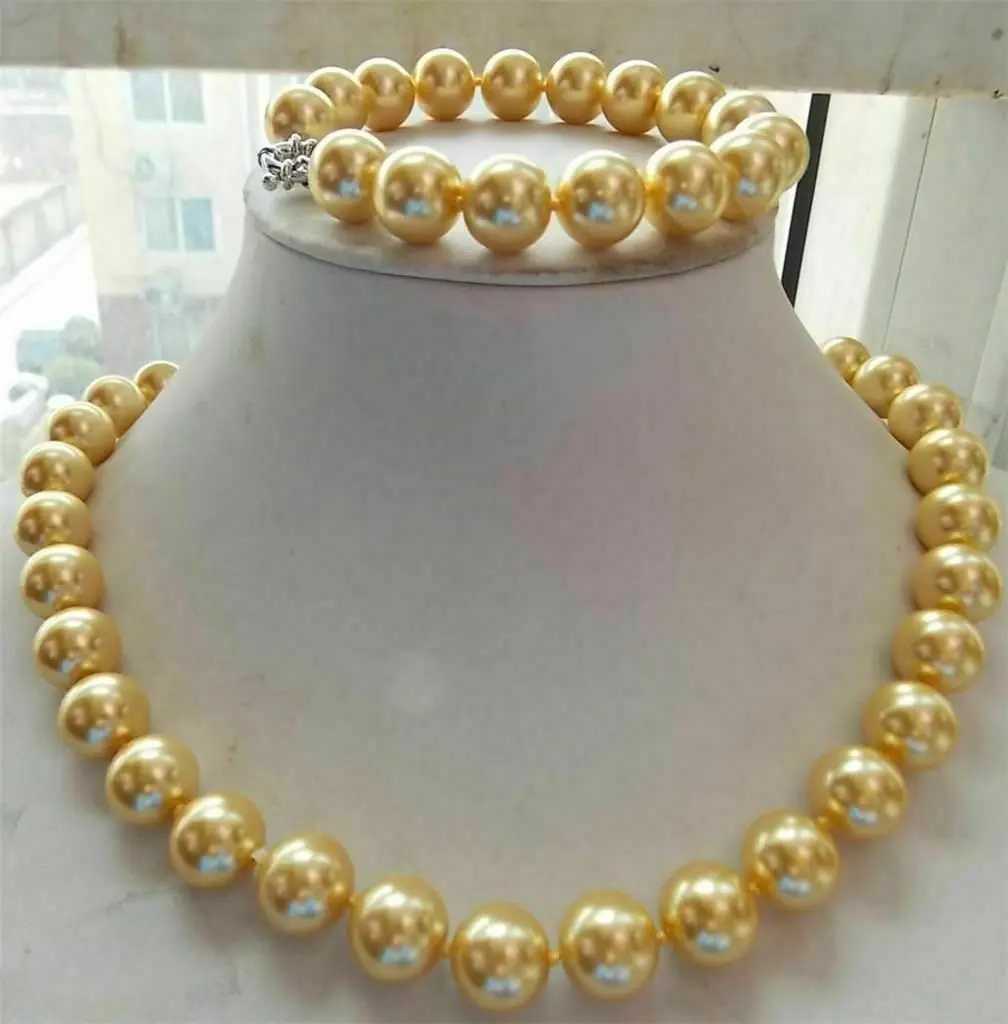 

12mm Gold South Sea Shell Pearl Round Beads Necklace 18" + Bracelet 7.5" Set AAA