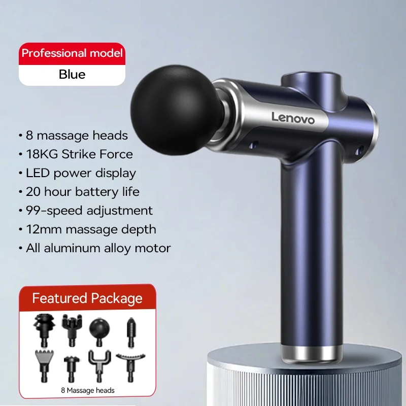 Lenovo krachtig draadloos massagepistool 8, massagekoppen, oplaadbaar, schouder, nek, taille, been, elektrisch fasciapistool