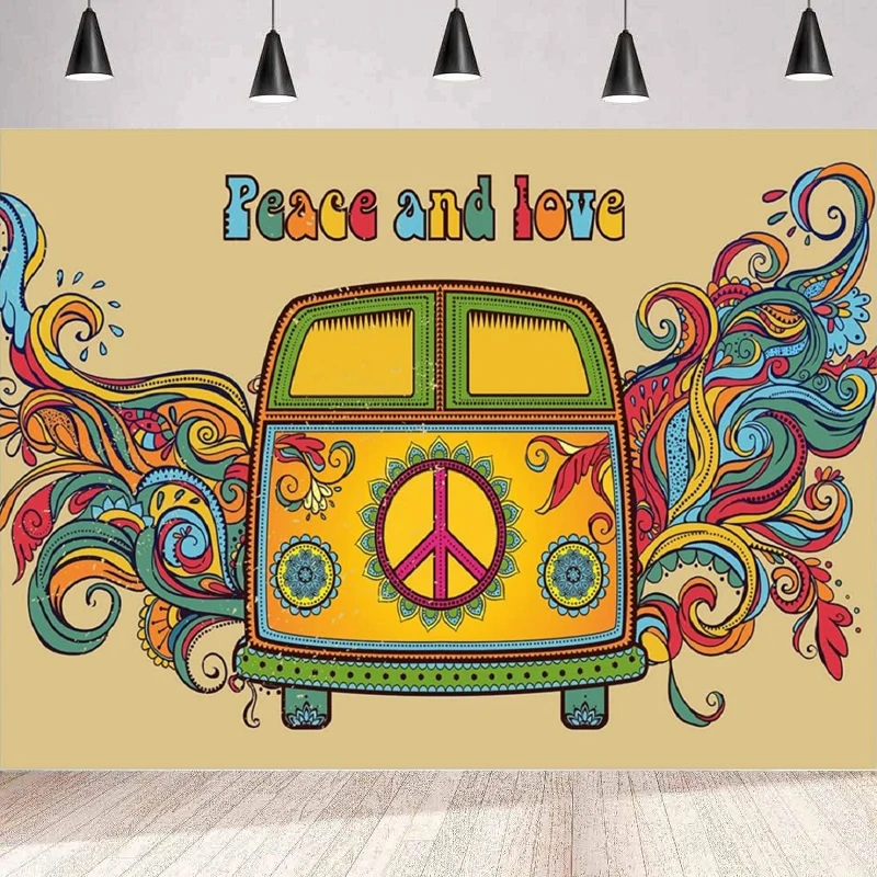 Photography Backdrop Hippie Bus 70s Peace Love Groovy Car For Kids Bedroom Living Room Dorm Background Wall Poster Banner Decor