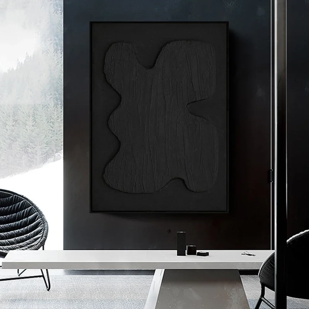 Black Abstract Minimalist Line Wall Black 3D Textured Canvas Painting Modern Norse Art Aesthetic Posters Prints Home Decor Mural view 3