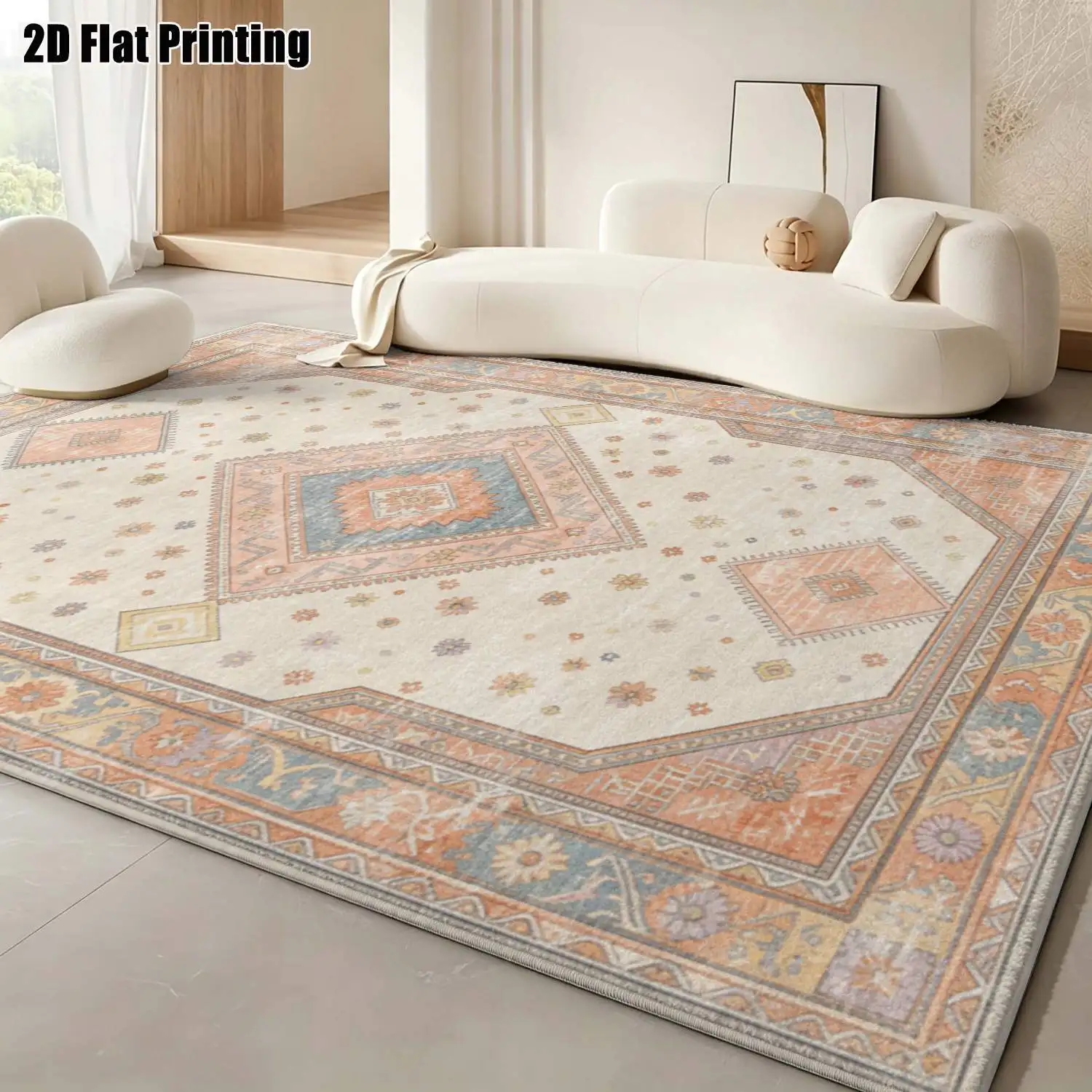 1Pc 2D Printed Retro Ethnic Patterned Carpet, Navy Blue & Off-White, Vintage European Bohemian Style, Machine Washable, Multi-Size, for Home Decor & Multi-Scene Use