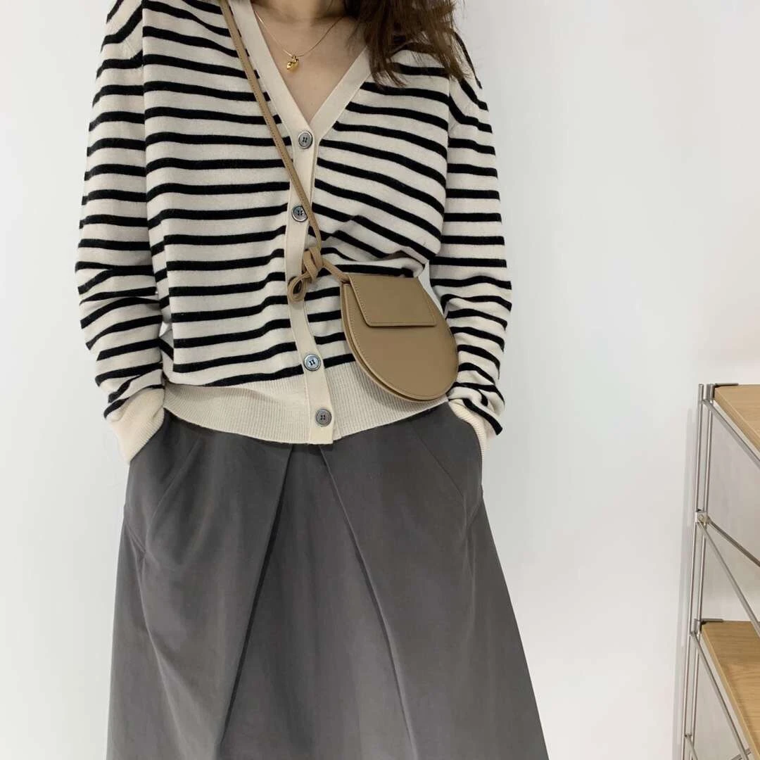 

Women's Knitted Wool Open Cardigan V-Ne Loose Sweater Korean Sle Retro Striped Jaet Spring Autumn New Thin Outerwear Top