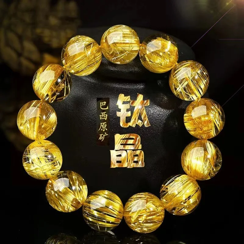 

Natural Brazilian Crystal Golden Bracelet Women, Gold Titanium Bead for Men, Yellow Rutilated Quartz
