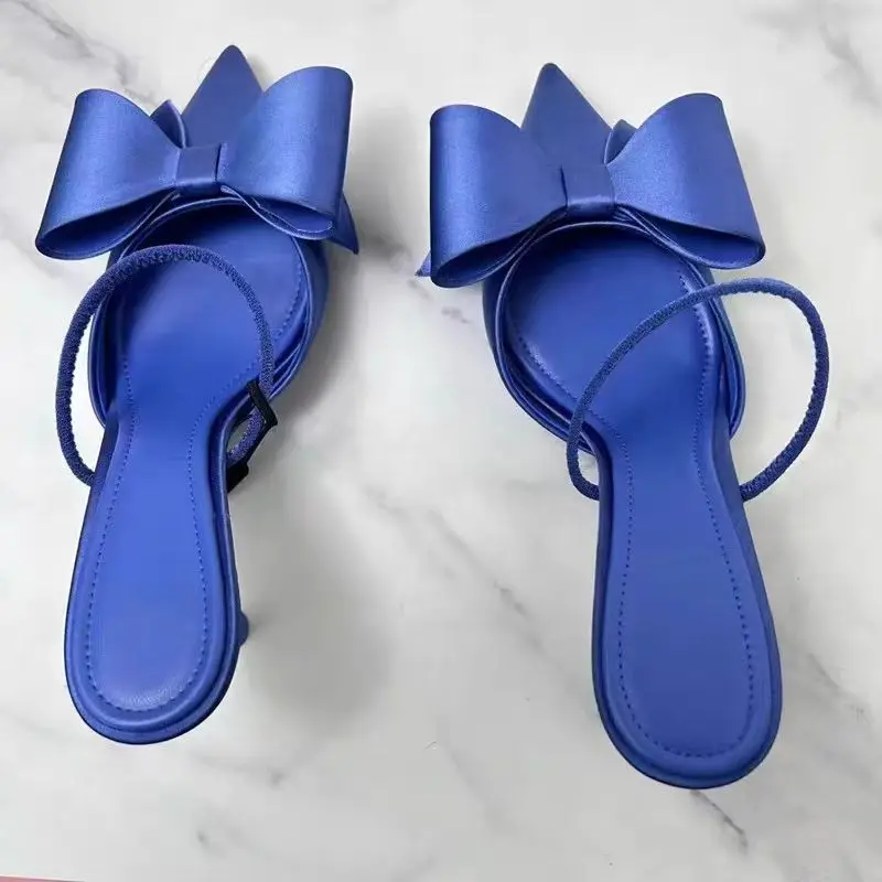 ZAZA Chic Bow Knot Heels For Women Blue Pointed Toe Slingback High Heels Sandals  2024 Summer New Product Elegant Ladies Pumps