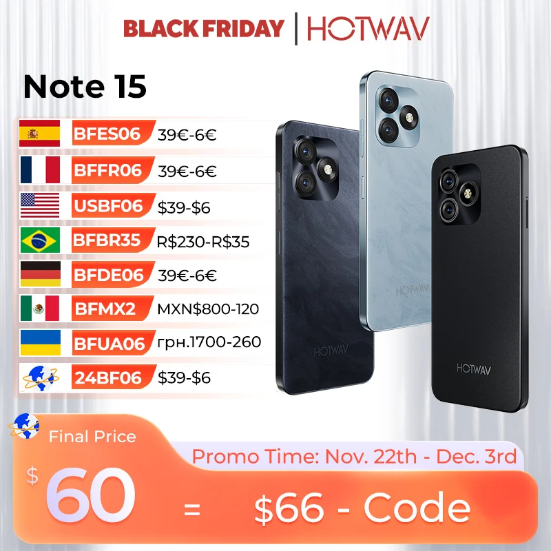 HOTWAV Note 15 Smartphone 6.6'' HD+ Display Android 14 5160mAh Mobile Phone 8(4+4)GB+64GB Octa-Core 13MP Ultra-Thin Cellphone