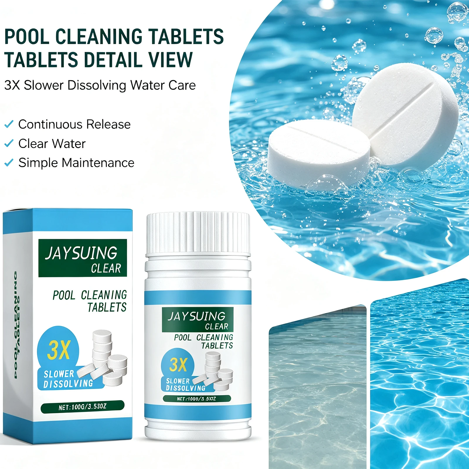 Pool Cleaning Tablets Stabilized Long Last Water Purifier Clear Remove Odor Dirt Stable Release Clean Spa Chlorine Bromine 100g