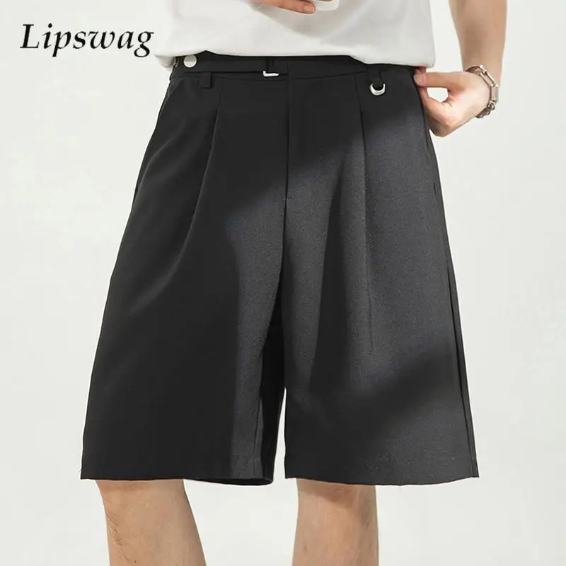 

Spring Summer Stylish Draped Loose Shorts Mens Casual Pure Color Pleated Wide Leg Shorts Vintage Men Straight Bottoms Streetwear