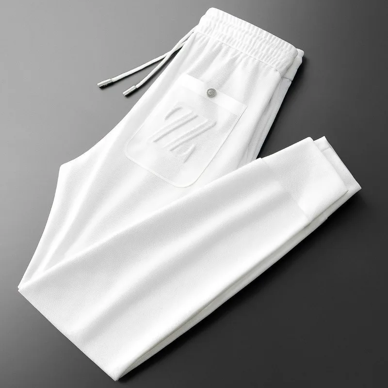 

Men's White Casual Trousers Summer Fashion Simple Solid Color Breathable Embroidered Sports Trousers