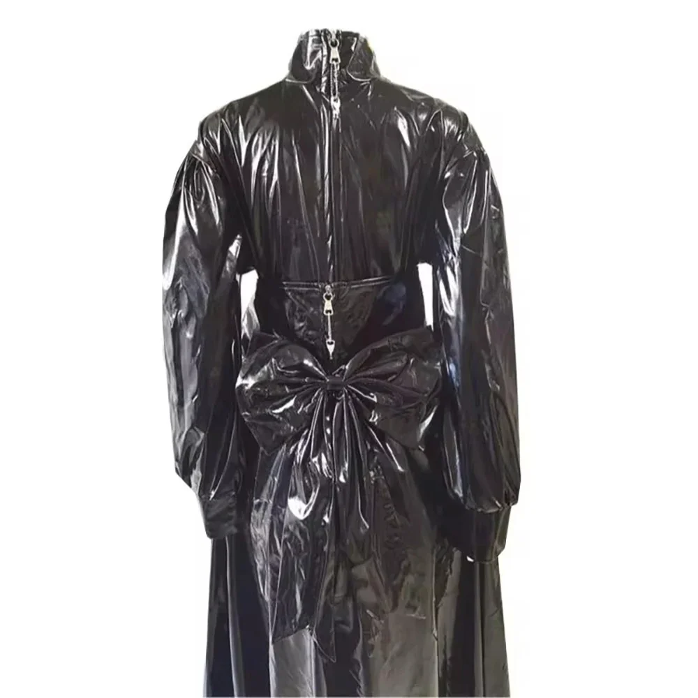 Women Novelty Maxi Dresses Front Single-breasted Trim Shiny PVC Robe Back Fashion Zipper Long Dress with Bowknot Waistband