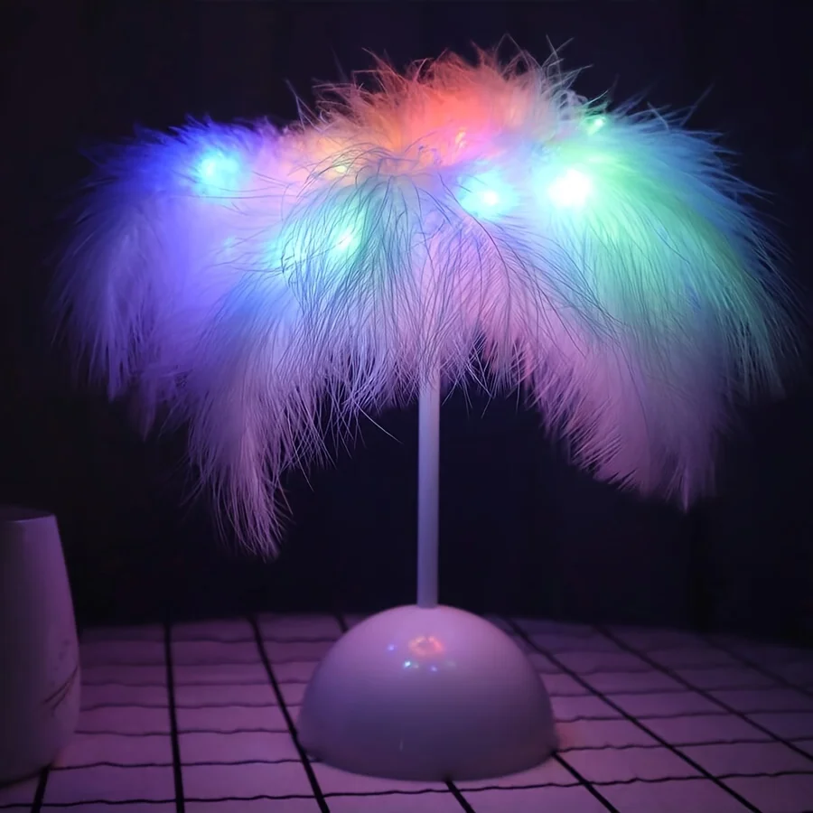 Creative Feather Table Lamp Warm White Light Tree Feather Lampshade Girl LED Wedding Decorative Lights Birthday Gift Home Decor