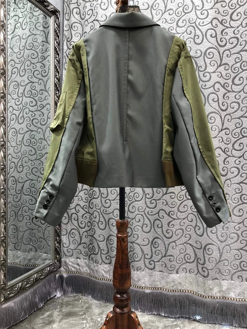 Abrigo con cuello con muescas para mujer, chaqueta verde y negra de retales, de alta calidad, novedad de otoño e invierno, 2024