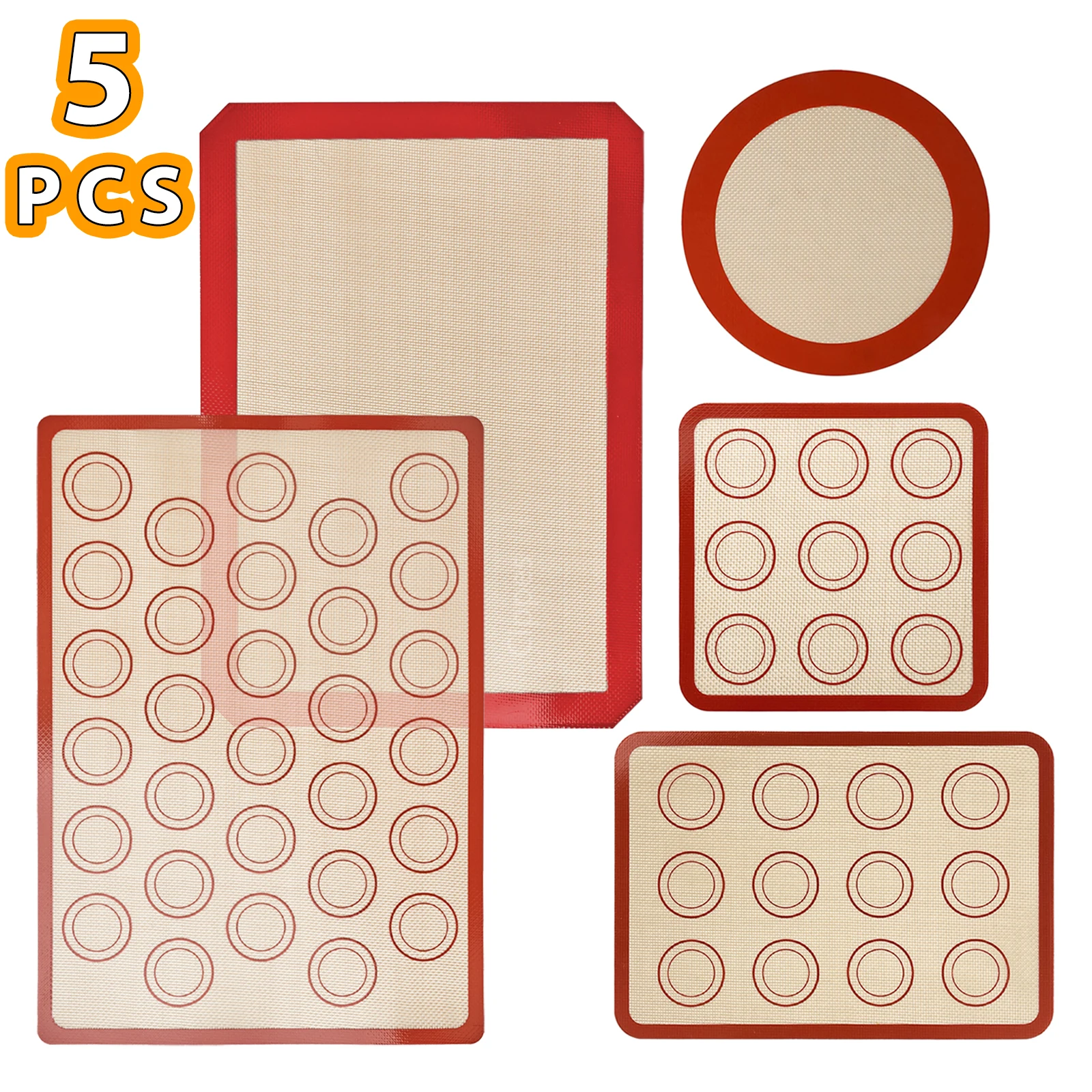 5PCS Silicone Baking Mats Set, Non-Stick, Reusable, Heat-Resistant, for Oven, Air Fryer, Baking Cookies, Macaron, Bread, Pastry