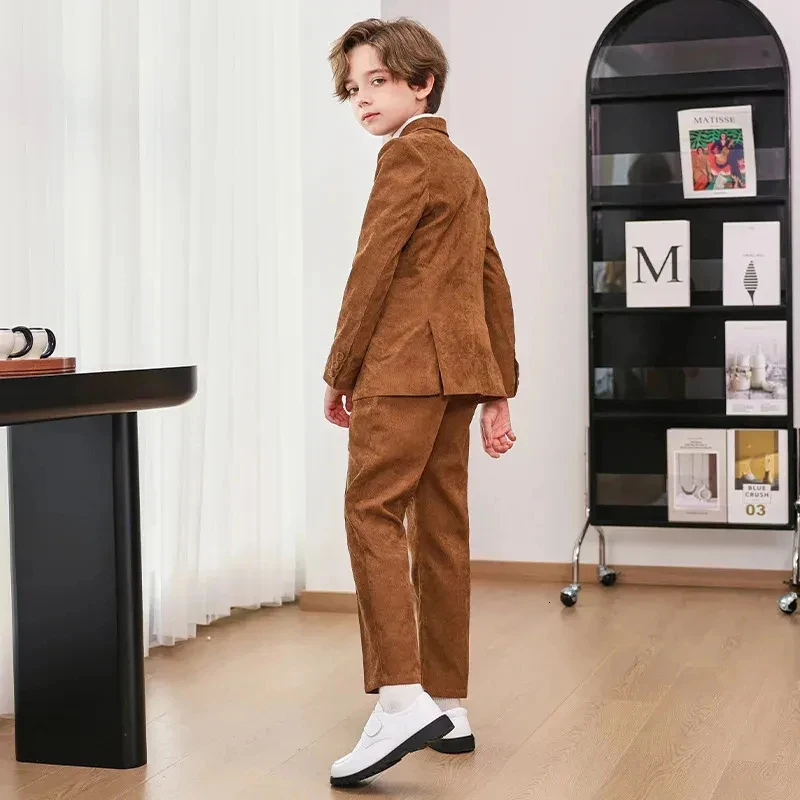 Boys Tan Notched Lapel Single Breasted Blazer with Matching Bow Tie and Straight Leg Dress Pants, Vintage Gentleman Formal Suit