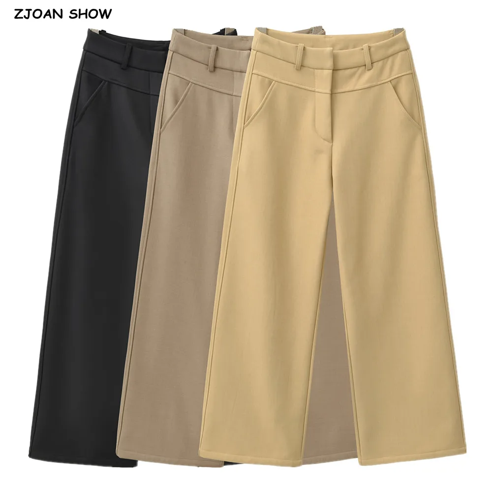 

New Autumn Winter Vintage With Fleece Wide Leg Suit Pants for Women High Waist Casual Trousers Loose Full Length Bottom